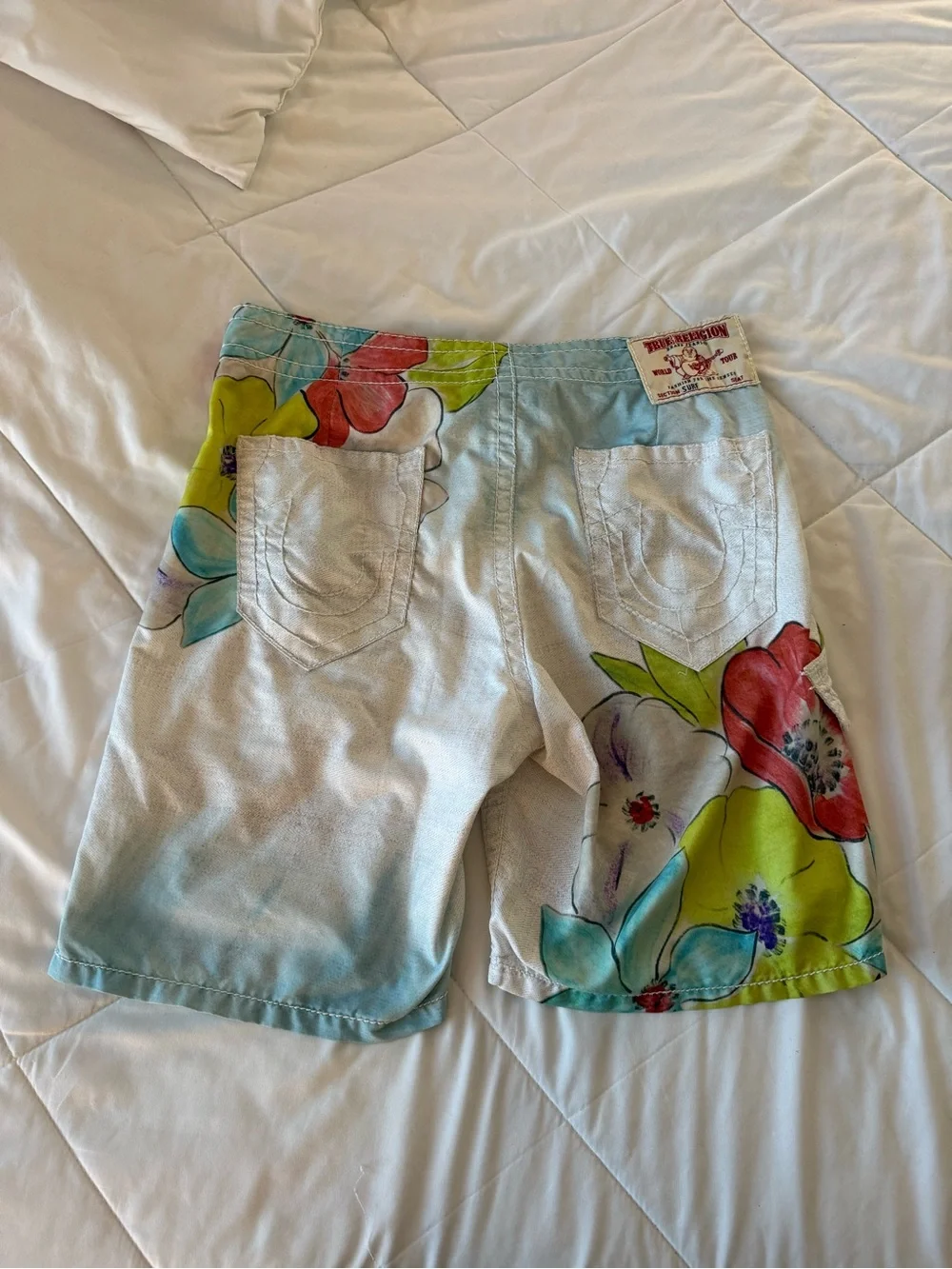 True Religion Light Blue and White Surf Label Swim Shorts